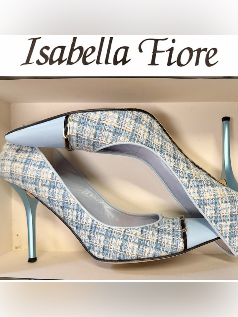 RARE Isabella Fiore Luna Cielo Blue Tweed Italian Heels Size 8.5